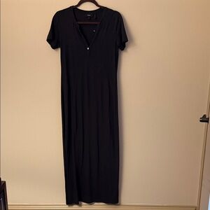 Theory Black Short-Sleeve Maxi Dress with Henley Neckline